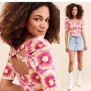 Free People Give Me More Pink Multi Color Floral Half Sleeve Crop Top Small